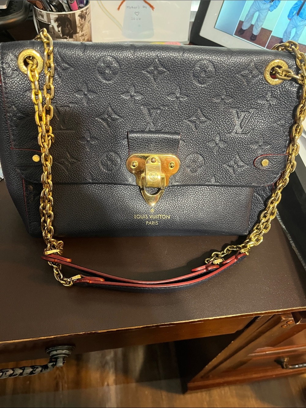 Louis Vuitton Vavin Navy/Red Empriente Monogram Embossed Leather Shoulder Bag